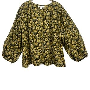 ELIZABETH AND JAMES Floral Balloon Sleeve Button Front Blouse XL Green Black